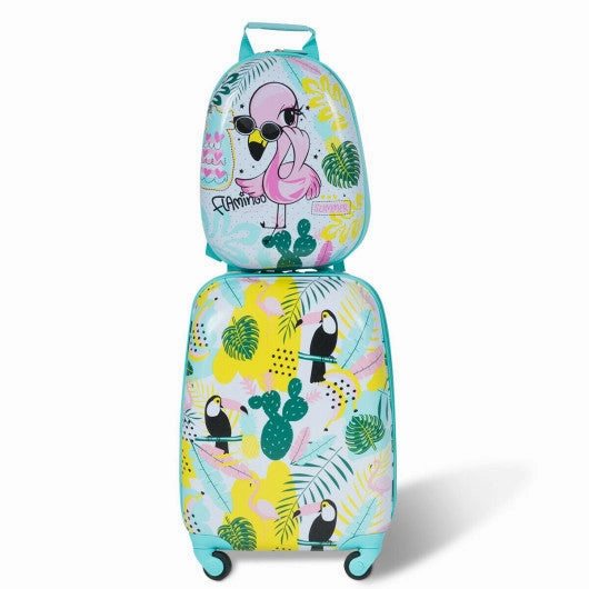 2 Pieces Kid's Luggage Set 12-Inch Backpack and 16-Inch Rolling Suitcase Travel - Flamingo