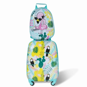 2 Pieces Kid's Luggage Set 12-Inch Backpack and 16-Inch Rolling Suitcase Travel - Flamingo