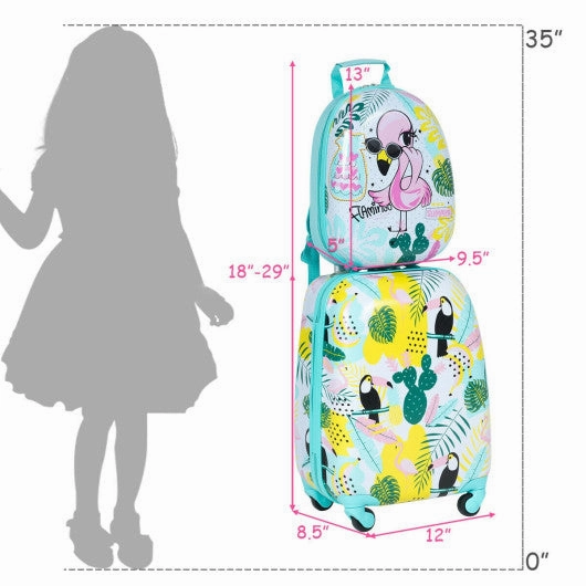 2 Pieces Kid's Luggage Set 12-Inch Backpack and 16-Inch Rolling Suitcase Travel - Flamingo