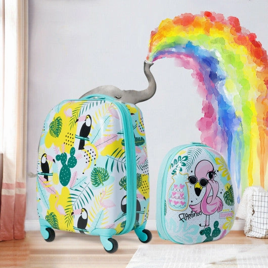 2 Pieces Kid's Luggage Set 12-Inch Backpack and 16-Inch Rolling Suitcase Travel - Flamingo