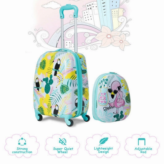 2 Pieces Kid's Luggage Set 12-Inch Backpack and 16-Inch Rolling Suitcase Travel - Flamingo