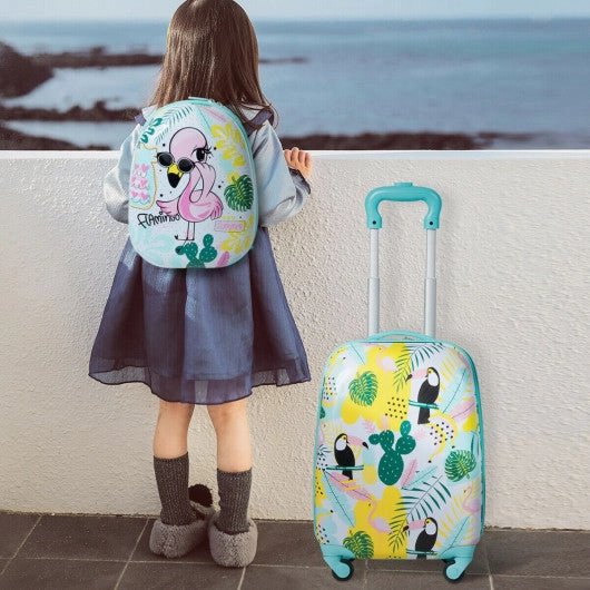 2 Pieces Kid's Luggage Set 12-Inch Backpack and 16-Inch Rolling Suitcase Travel - Flamingo