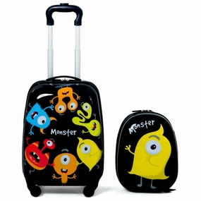 2 Pieces Kids Luggage Set 12 Inch Backpack and 16 Inch Rolling Suitcase - Monsters