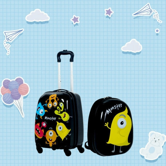 2 Pieces Kids Luggage Set 12 Inch Backpack and 16 Inch Rolling Suitcase - Monsters