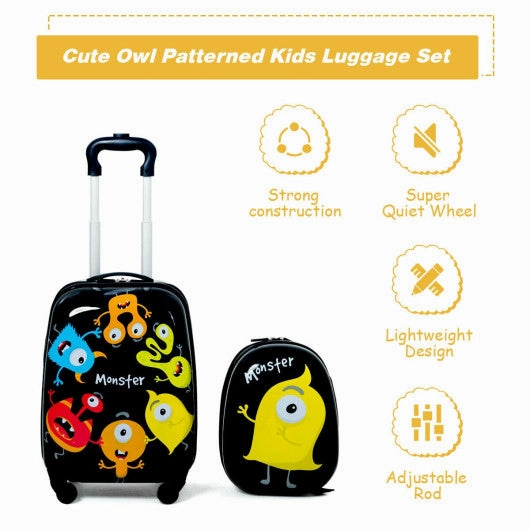 2 Pieces Kids Luggage Set 12 Inch Backpack and 16 Inch Rolling Suitcase - Monsters