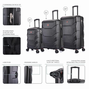 DUKAP DKZONSML-BLK Zonix 3-Piece Hardside Luggage Set | Lightweight, Durable, Expandable Suitcase with Spinner Wheels | Black