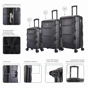 DUKAP DKZONSML-BLK Zonix 3-Piece Hardside Luggage Set | Lightweight, Durable, Expandable Suitcase with Spinner Wheels | Black