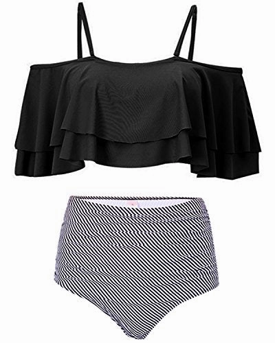 Flattering Two Piece Swimsuit For Women High Waisted Bikini Bottoms-Black Stripe