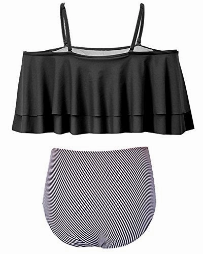 Flattering Two Piece Swimsuit For Women High Waisted Bikini Bottoms-Black Stripe