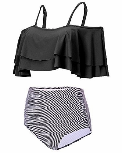 Flattering Two Piece Swimsuit For Women High Waisted Bikini Bottoms-Black Stripe
