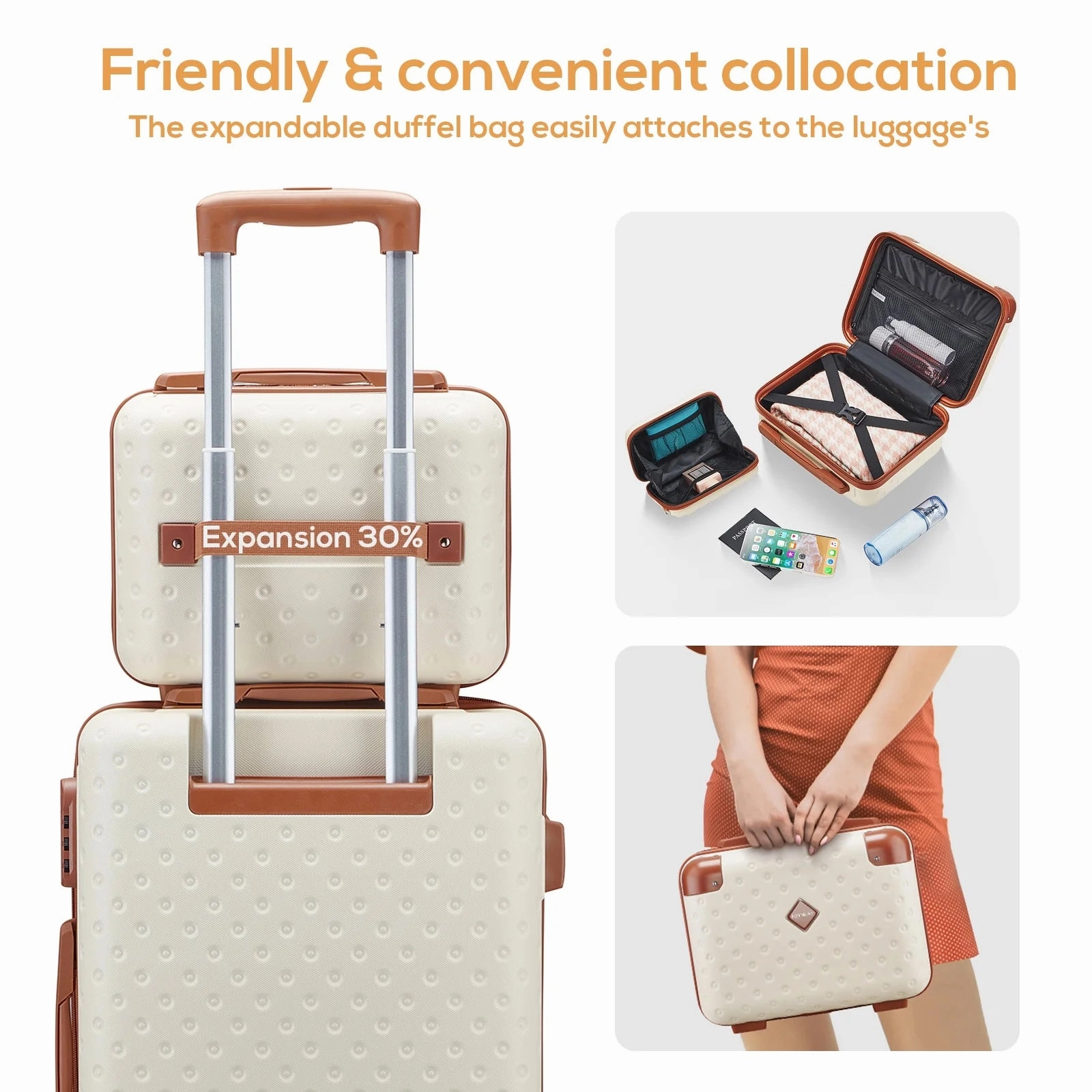Joyway TR011-20 3 Piece Carry-On Luggage Set W/Swivel Wheel Combination Lock Lightweight Hard Shell Set - Beige