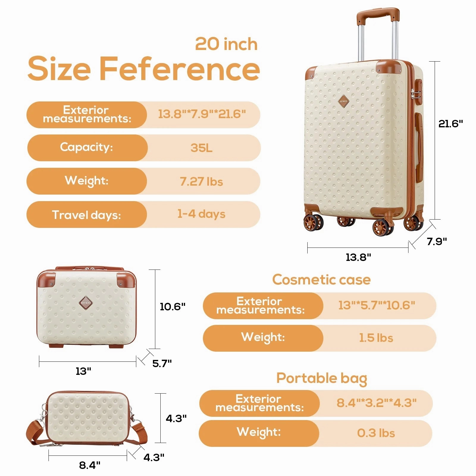 Joyway TR011-20 3 Piece Carry-On Luggage Set W/Swivel Wheel Combination Lock Lightweight Hard Shell Set - Beige