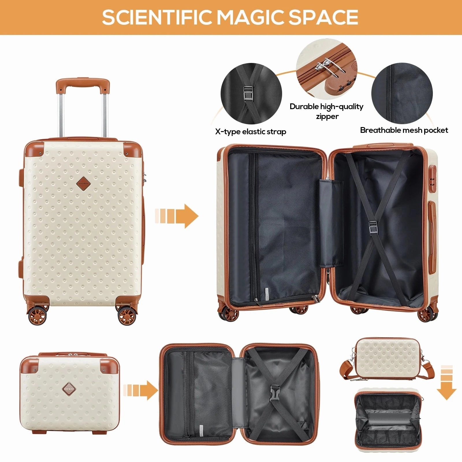 Joyway TR011-20 3 Piece Carry-On Luggage Set W/Swivel Wheel Combination Lock Lightweight Hard Shell Set - Beige