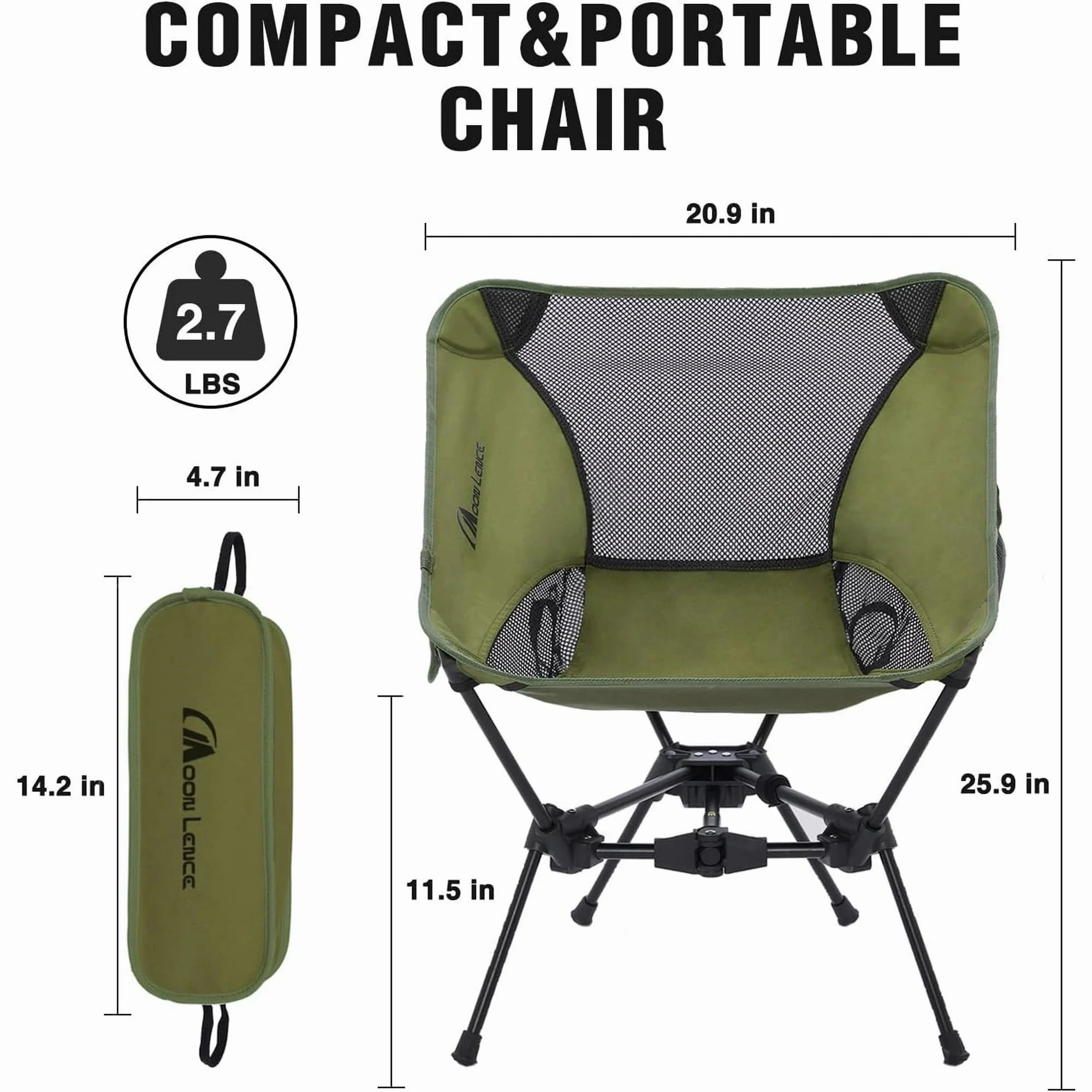 MOON LENCE Portable Camping Chair Backpacking Chair Ultralight 2.7 LBS Folding Chair, Green - Super Easy Setup