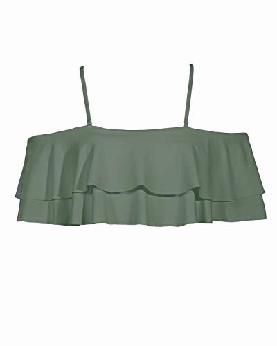 Pull-Up Tiered Ruffled Bikini Top Padded Bras-Army Green