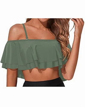 Pull-Up Tiered Ruffled Bikini Top Padded Bras-Army Green