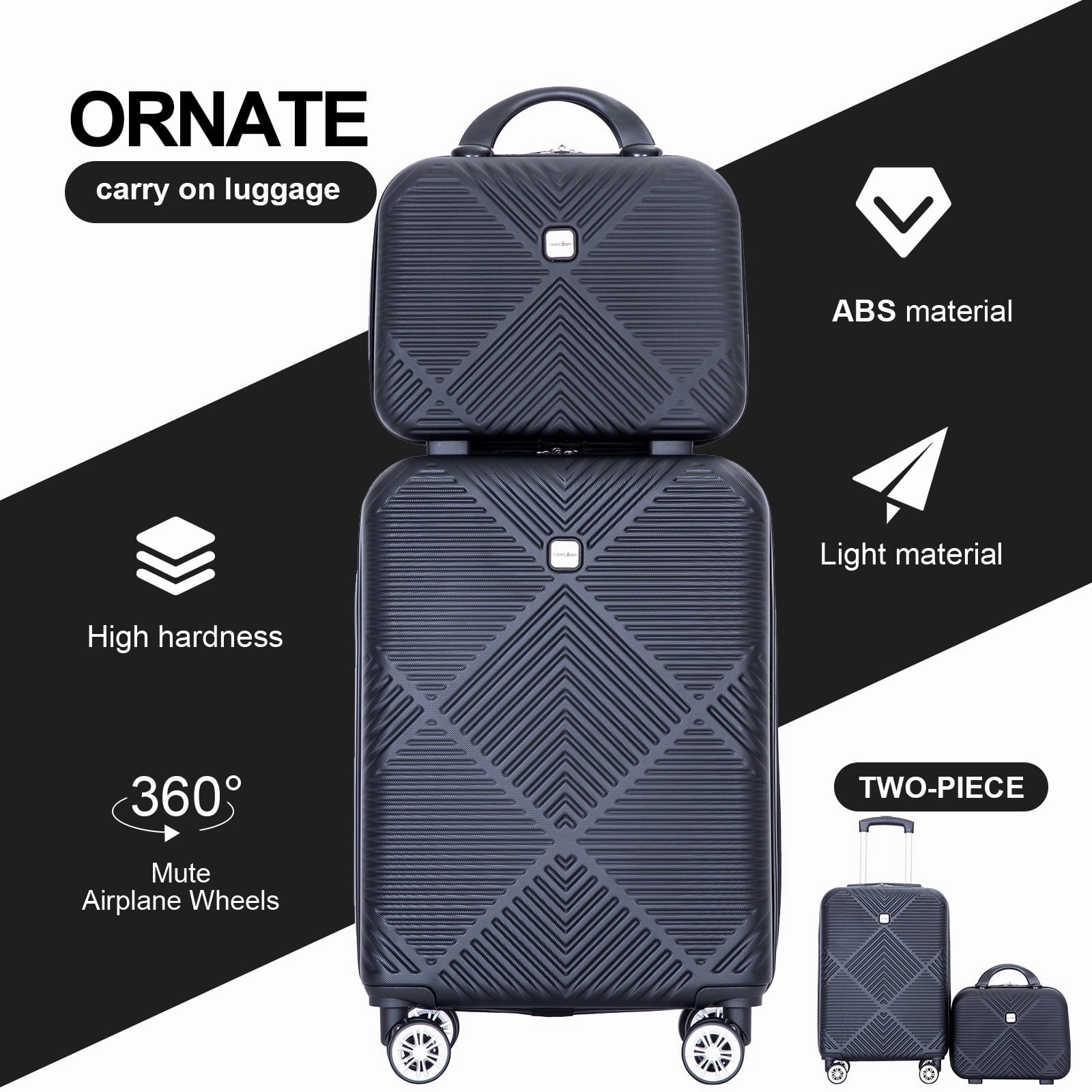 Tripcomp 2302-2Black 2 Pcs Hardside Suitcase with Spinner Wheels Lightweight Carry On Luggage, Black, 14"/20"