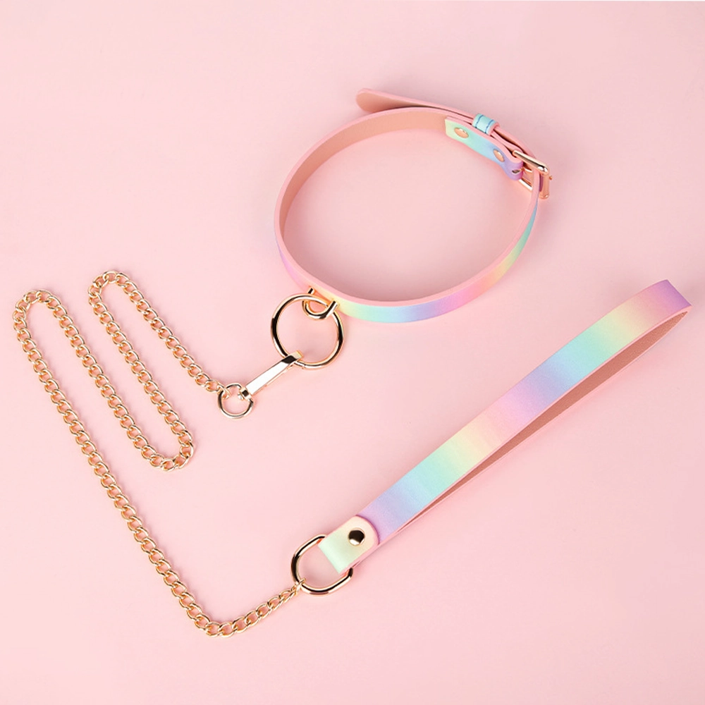 ZYL Pastel Rainbow Faux Leather Collar & Chain Leash