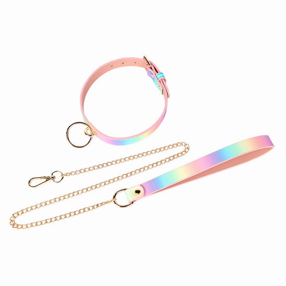 ZYL Pastel Rainbow Faux Leather Collar & Chain Leash